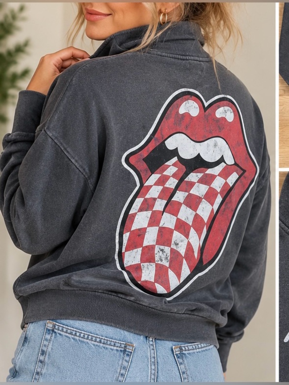 Rolling Stones Women’s Small Ty Quarter Zip Graphic Sweatshirt Tongue Logo Gray